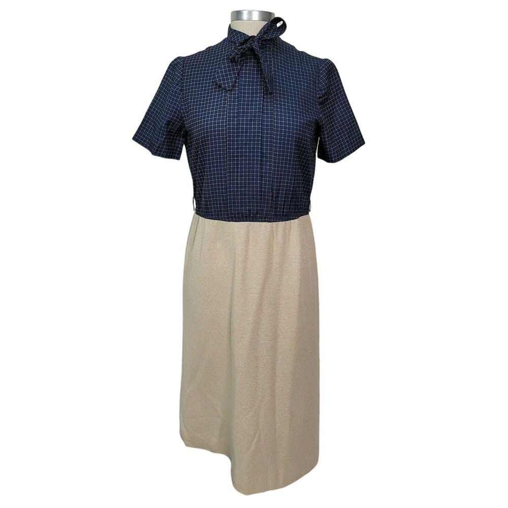 Vintage 70s 80s Leslie Fay Petites Navy Blue Grid Tie Neck Two Tone Midi Dress